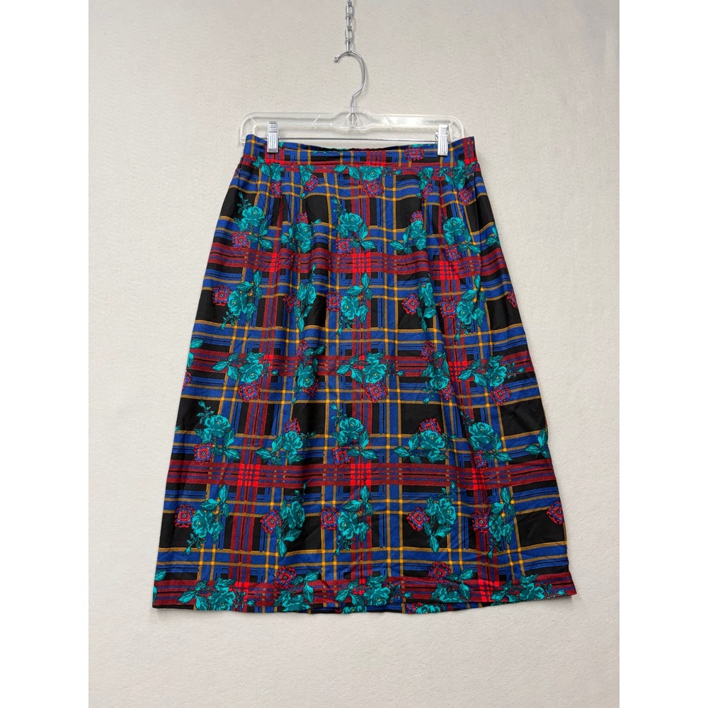 Vintage Skirt Womens M Blue Red Plaid Floral Midi High Waisted 70s Talon Zip